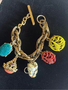 Vintage 1950s 1960s Selro Selini Asian-themed Charm Bracelet with Noh Mask Charm